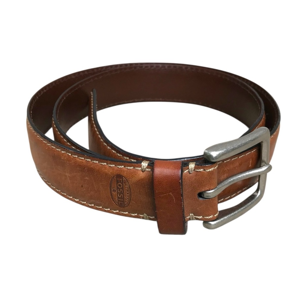 Fossil Brown Leather Men’s Brushed Silver Buckle Belt. Size 42.